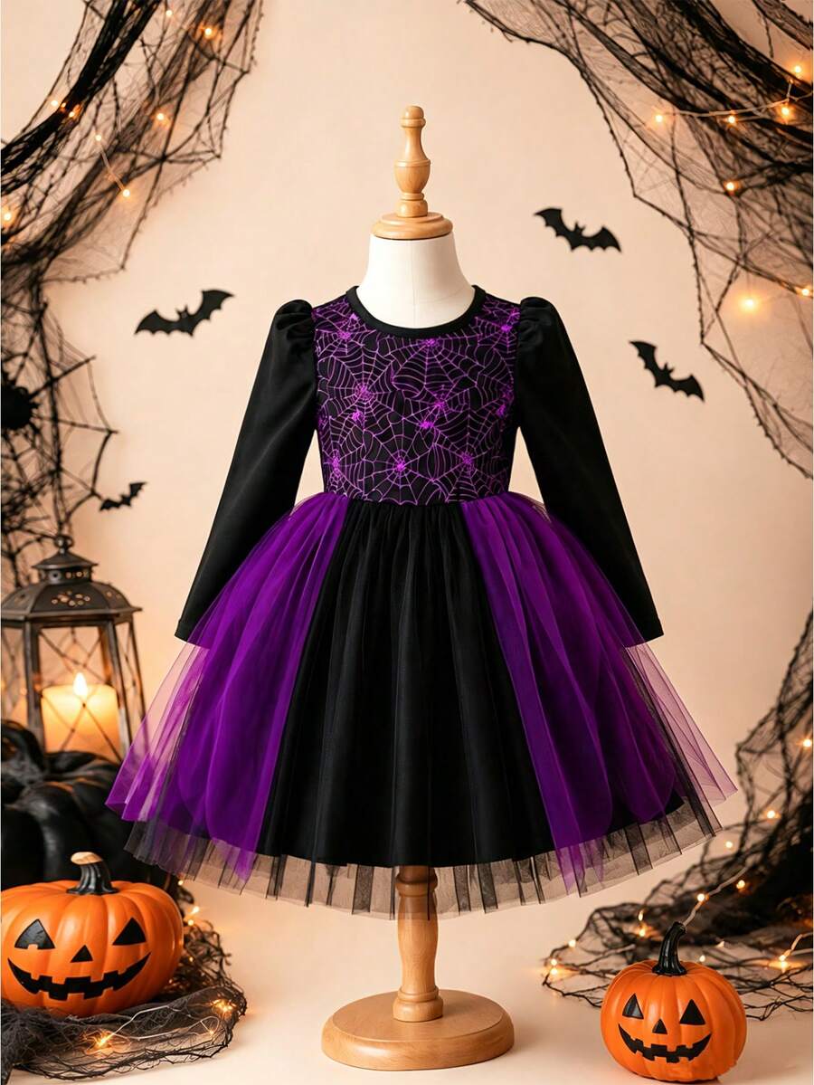 Gaun Lengan Panjang Motif Jaring Laba-laba Halloween & Blok Warna Jala - Purple - View 1