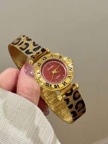 1件金色豹紋女款石英手錶，圓盤面，低調奢華，優雅精緻，百搭，適合派對與禮品 - 金色 - 查看 7