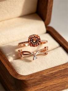 2pcs Women's Wedding Rings, Fashion Luxury Style Alloy Inlaid Cubic Zirconia Rings, Suitable For Daily Wear, Party, Date, Gift For Mother's Day, Best Gift For Family Or Friends - Rose Gold - View 9