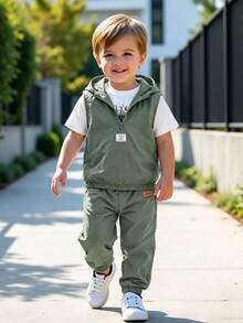 Young Boy Cartoon Print Round Neck Short Sleeve Top, Pants, And Hooded Vest Set - Green - View 1