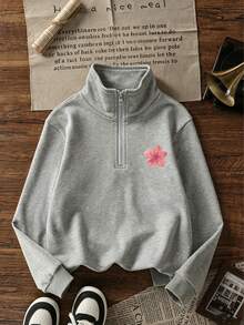 Tween Girl 1pc Printed Fleece Lined Thick Warm Turn-Down Collar Stand Collar Sweatshirt, Young Student Kids Clothing, Suitable For Children's Autumn/Winter Long Sleeve Top, Layering - Grey - View 4