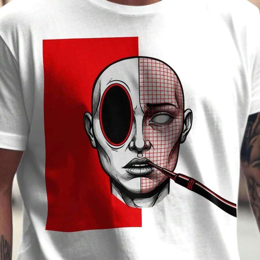 Glitch Surreal Human Face Cyberpunk Print Short Sleeve Tee Modern Weirdcore Casual Fan Top Unisex White Top Sport Tshirt - White - View 1