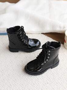1 Pair Girls' Boots Autumn New Style Single Lining Shiny Leather Performance Shoes Side Zipper Fashion Round Toe Children's Ankle Boots - Black - View 3