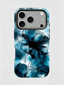 1pc Fashionable 2-In-1 Phone Case, Lake Blue Ink Floral Design, Full Coverage Hard Shell, Compatible With IPhone 17 Pro, 16e, 16 Pro, 15 Pro, 14, 13, 12, 11, XR And XS, Elegant Design Suitable For Men And Women, Perfect Gift For Girlfriend On Christmas, Valentine's Day, Easter, Wedding Season And Birthday - Teal Blue - View 1