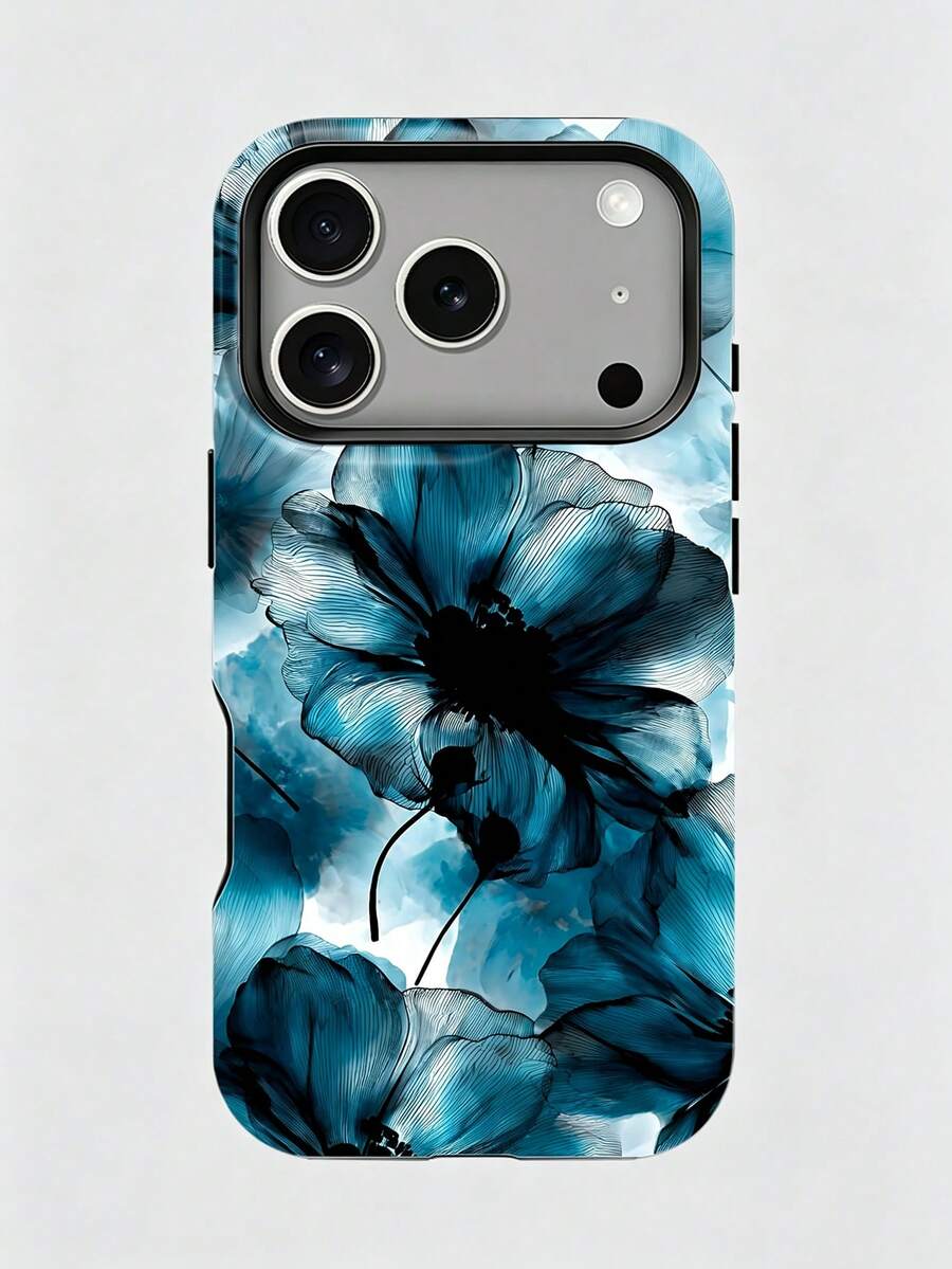 1pc Fashionable 2-In-1 Phone Case, Lake Blue Ink Floral Design, Full Coverage Hard Shell, Compatible With IPhone 17 Pro, 16e, 16 Pro, 15 Pro, 14, 13, 12, 11, XR And XS, Elegant Design Suitable For Men And Women, Perfect Gift For Girlfriend On Christmas, Valentine's Day, Easter, Wedding Season And Birthday - Teal Blue - View 1