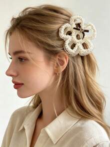 1pc Pearl Beaded Flower Hair Claw, Brown Ribbon Heart-Shaped Bow Large Transparent Hair Clip, Vintage Elegant Updo Hair Claw, Suitable For Women's Wedding And Daily Hairstyles - Multicolor - View 1