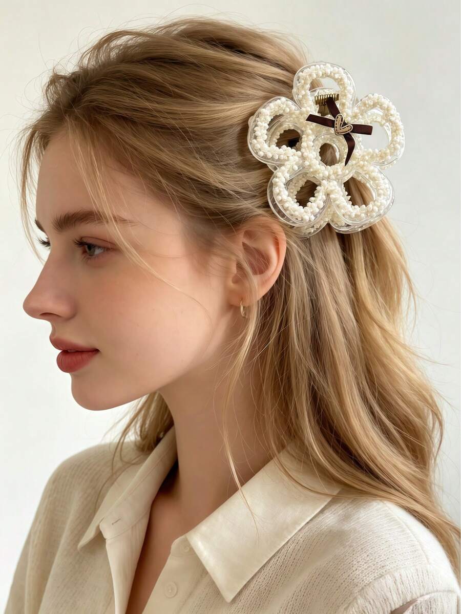 1pc Pearl Beaded Flower Hair Claw, Brown Ribbon Heart-Shaped Bow Large Transparent Hair Clip, Vintage Elegant Updo Hair Claw, Suitable For Women's Wedding And Daily Hairstyles - Multicolor - View 1