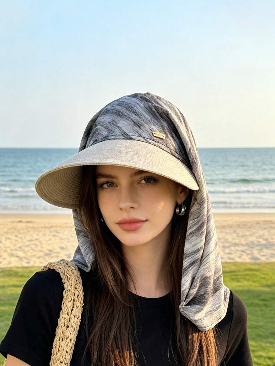 1件女款寬邊護頸護肩防曬帽,輕量透氣夏季沙灘防曬帽 - A - 查看 1