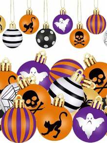 1/3 Set Wooden Flat Halloween Decorative Balls, Yellow, Orange, Purple, Black, White, Spider, Black Cat, Ghost, Skull, Spider Web Round Hanging Ornaments, Suitable For Halloween, Autumn, Porch, Fireplace Mantel, Party And Haunted House Decoration - Multicolor - View 2