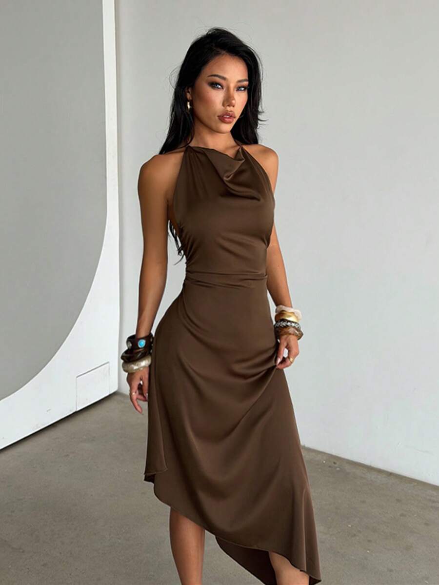 Women's Summer Brown Dress With Asymmetrical Hemline, Open Back, A-Line Skirt, Elegant Dress