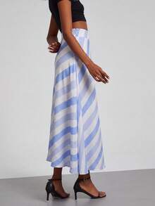 Se-Helo Women's Spring/Summer Blue & White Diagonal Striped High Waist Flowy A-Line Midi Skirt - Blue and White - View 3