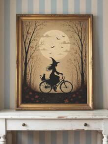 1pc Framed Canvas Wall Art Decor, Vintage Dark Academia Style Witch Riding Bicycle With Black Cat In Basket, Full Moon Autumn Silhouette Canvas Painting, Autumn Maple Tree Bat Dark Mood Halloween Oil Painting Print Poster, Quirky Pastoral Farmhouse Dark Aesthetic Decorative Wall Art, Suitable For Modern Home Decor, Room Decor, Halloween Decor, Halloween Poster, Witch Art, Gothic Poster, Halloween Home Decor, Halloween Gift - Witch - View 9