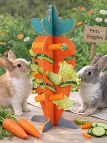 1 Set Carrot Shaped Wooden Pet Feeding Rack, Small Animal Vegetable Feeding Rack, Rabbit/Guinea Pig Interactive Snack Rack, Pet Food Dispenser, Vegetable/Hay/Leaf Feeding Rack, Decorative Feeding Device For Small Pets - View 6