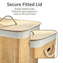 1pc Large Capacity Bamboo Laundry Basket With Lid, Soft Fabric Inner Liner & Portable Rope Handles, Foldable Clothes Storage Hamper For Laundry Room Bedroom, 3 Different Woven Textures To Choose - Coffee Brown - View 6