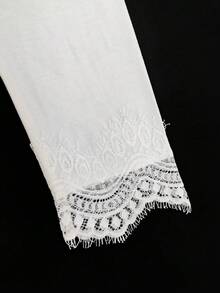 Atasan Kaos Putih dengan Hiasan Renda, Model Longgar, Lengan Mengembang, Sederhana, Kasual, Nyaman, Gaya Urban Elegan - Putih - View 8
