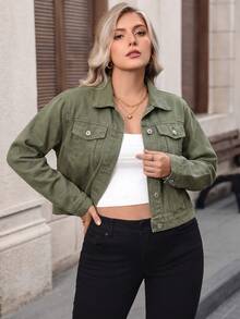 Women's Plus Size Short Denim Jacket, Long Sleeve, Versatile Top For Spring And Autumn Casual - Army Green - View 2