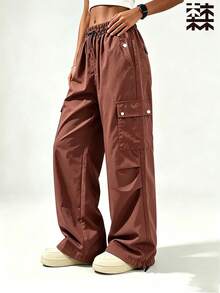 mulinsen Women's Elastic Waist Multi-Pocket Cargo Pants, Loose Wide Leg Drawstring Hem Casual Streetwear Long Pants - Rust Brown - View 2