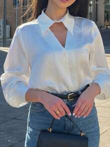 Elegant Solid-Color Long-Sleeve Shirt For Women Featuring A Cut-Out Design; Suitable For Daily Wear, Commuting, Dates, And Casual Outings. - White - View 3