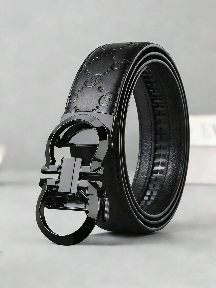Men's Double Ring Automatic Buckle PU Faux Leather Belt, 47 Inch Extended Length, Embossed Business Casual Versatile Dress Pants Belt - Multicolor - View 1