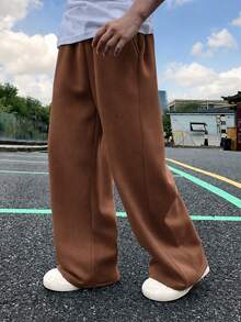 1件男童青少年寬鬆針織直筒長褲，加厚保暖，適合春/秋/冬 - 棕色 - 查看 3