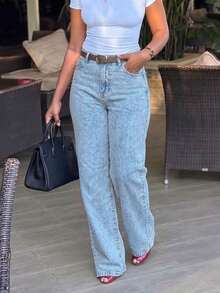 Women's Retro Straight Leg Stacked Jeans Casual Fall - Light Wash - View 2