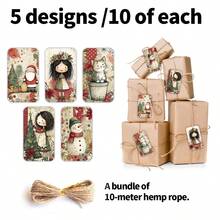 50 Peças Etiquetas de Presente de Papel Vintage de Natal com Desenhos de Desenho Animado e Corda de Cânhamo - Papai Noel, Boneco de Neve & Árvore de Natal, Etiquetas Penduráveis para Presentes, Sacolas de Presente & Lembrancinhas de Festa, Decoração Festiva de Presente - Multicolorido - Visão 6