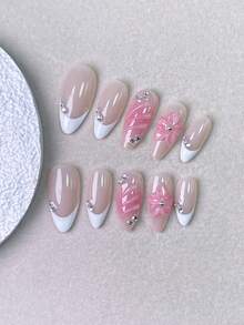 10pcs Handmade Press-On Nails, Short Almond Shape White False Nails, Gradient Pink Swirl Texture, Embellished With 3D Pink Flowers And Center Crystal Rhinestones, Suitable For Office Commute And Romantic Date Occasions - 淺粉色 - 查看 5