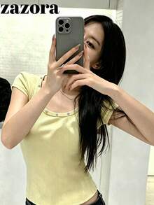 鉚釘圓領針織上衣，百搭修身小眾短袖顯瘦上衣，微低領口，女款夏季休閒黃色衣物 - 黃色 - 查看 3