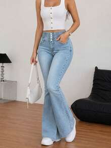 Women's Single-Breasted Slim-Fit Stretch Denim Flared Trousers Casual Spring - Light Wash - View 1