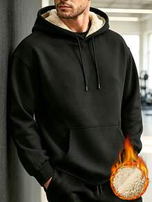 Men's Thermal Fleece Lined Sweatshirt, Solid Black Kangaroo Pocket Drawstring Hooded Sweatshirt, Casual Warm Oversized Pullover For Sports Daily Wear Fall - Black - View 3