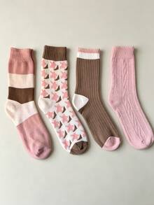 4 Pairs Japanese Style Gentle Warm Mid-Calf Women's Socks, Daily Commute Home Heat-Retaining Thickened Versatile Cotton Socks - Multicolor - View 5