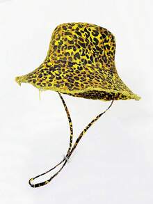 1pc Women's Spring Summer Autumn Bucket Hat, American Retro Leopard Print Frayed Edge Wide Brim Fisherman Hat, Windproof Drawstring Sun Hat, Versatile Distressed Denim Bucket Hat, Suitable For Outdoor, Travel, Daily Use, Back To School Season - Bucket Hat - View 11
