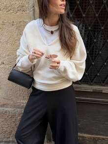 Women's V-Neck Long Sleeve Pullover Sweater - White - View 6
