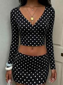Women's Casual Polka Dot V-Neck Asymmetric Cropped Top + Bodycon Mini Skirt 2 Pieces Set, Medium Stretch - Black - View 4