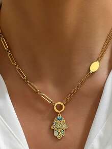 RAYQUEEN 1pc New Fashion Personalized Colorful Eye & Palm Pendant Bohemian Stainless Steel Necklace For Women - Gold - View 6