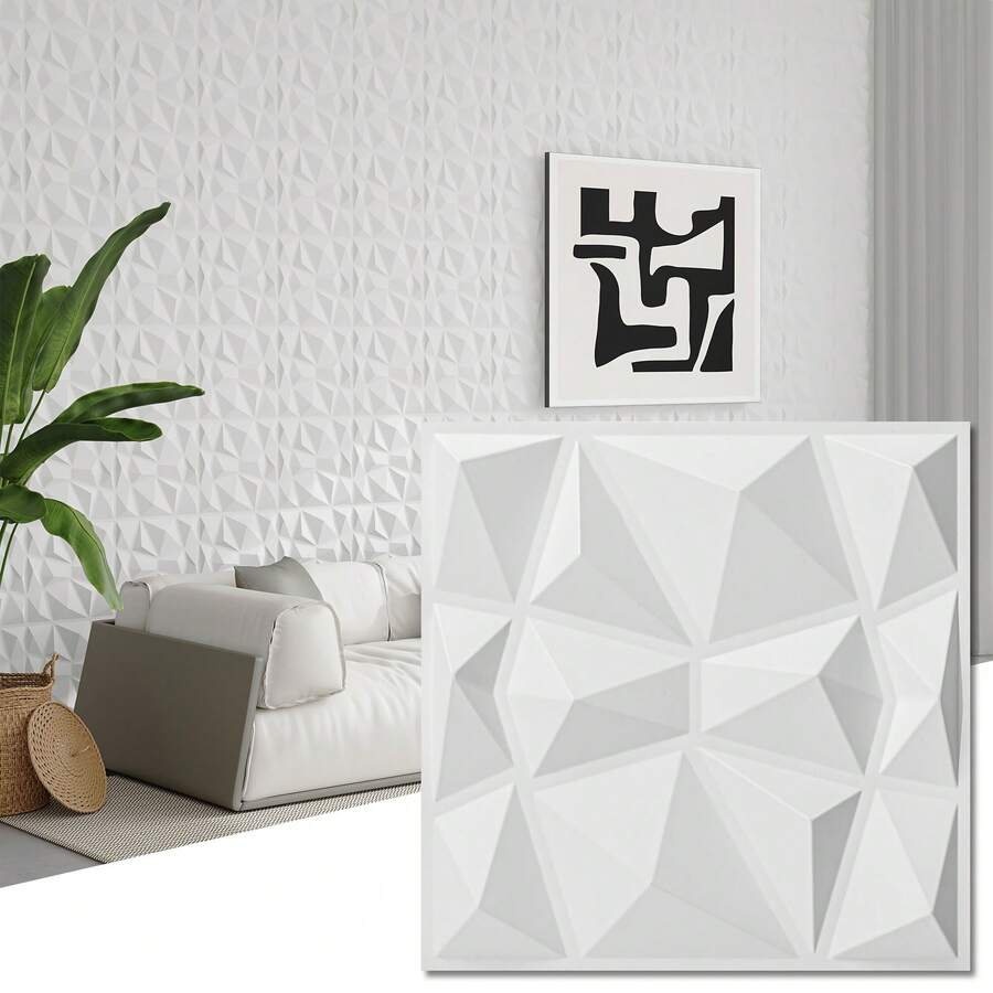 1pc/10pcs/20pcs 3D Diamond Design 3D Wall Sticker, Fire-Resistant & Wear-Resistant Wall Panel, 30x30cm, Matte Black & White, Whole House Wall DIY Decoration - White - View 1