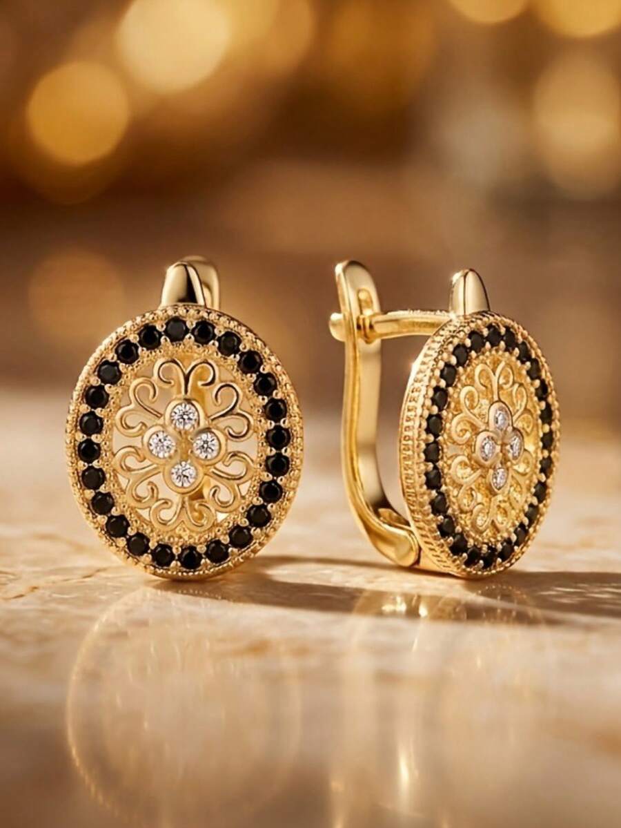 Vanel 1pc Vintage Elegant Double-Layer Round Composite Inlaid Synthetic Zirconia Craft Earrings, Suitable For Retro Birthday Party, Chinese Style Tea Party, Daily Office, Best Friend Outing - Yellow Gold - View 1