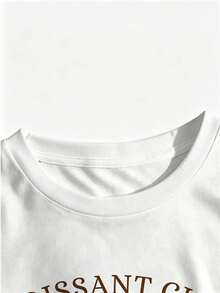 100% Croissant Print T-Shirt - Women's Casual Short Sleeve Crew Neck Top For Summer/Spring - 白色 - 查看 4