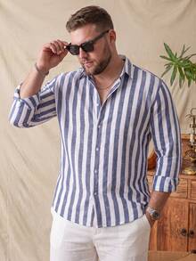 glestore Men's Plus Size Vintage Old Money Style Striped Beach Shirt, Button-Up Long Sleeve, Versatile Casual Top, Suitable For All Seasons And Summer - Navy Blue - View 1