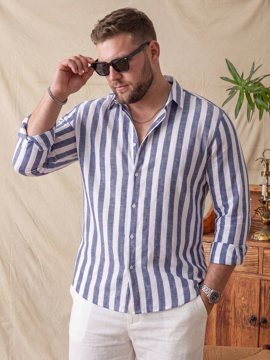 glestore Men's Plus Size Vintage Old Money Style Striped Beach Shirt, Button-Up Long Sleeve, Versatile Casual Top, Suitable For All Seasons And Summer - Navy Blue - View 1
