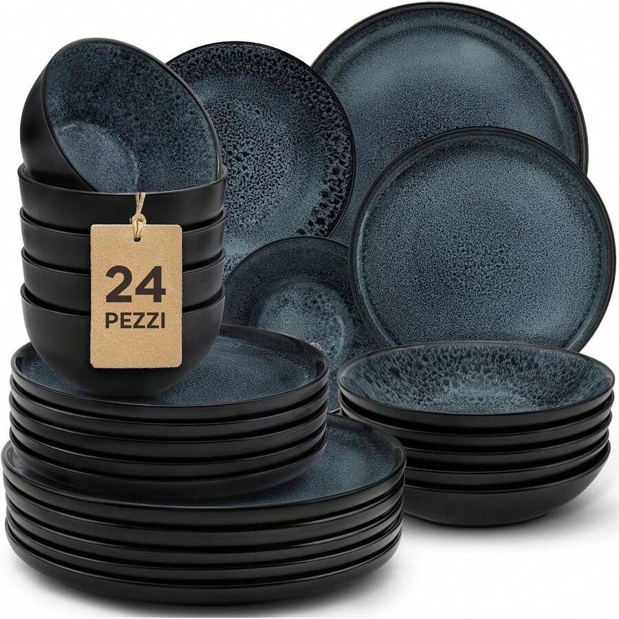 Set di stoviglie moderno Twinzee 6 piatti grandi in gres per 6 persone - Compatibile con microonde - Riviera L14S - Granito - Visualizzare 1