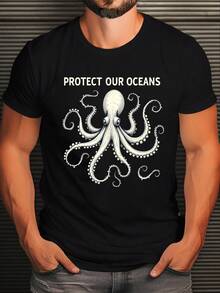 Herren T-Shirt in Große Größen, Muster mit dem "Our Ocean" Oktopus-Design - Lässig Rundhals, Kurzarm, Hellgrau, Muster - Schwarz - Übersicht 2