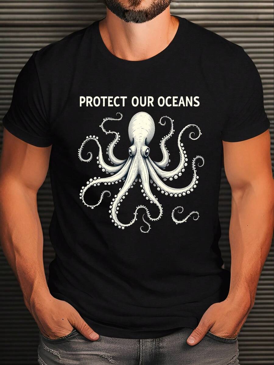 Herren T-Shirt in Große Größen, Muster mit dem "Our Ocean" Oktopus-Design - Lässig Rundhals, Kurzarm, Hellgrau, Muster