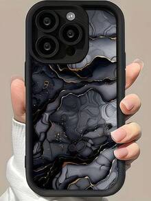 Matte Black Contrast Frame Phone Case, Dark Gray & Gold Foil Ink Marble Print Shockproof Soft TPU Protective Cover With Raised Camera Lens Frame, Compatible With Apple 11, 12, 13, 14, 15, 16, 17 Pro Max, Luxury Minimalist Unisex Style For Men And Women - Black - View 3