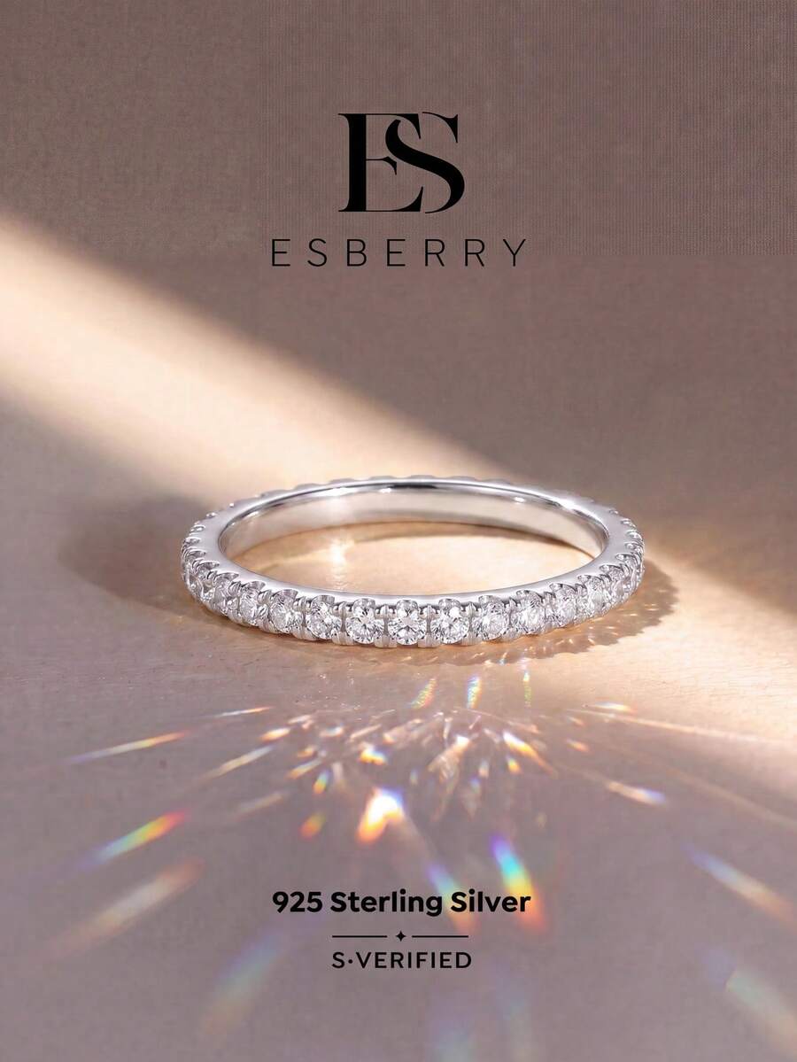 ESBERRY 1枚镶嵌立方氧化锆的细戒指，拇指戒指，优雅银饰，女士礼物，婚礼订婚新娘首饰