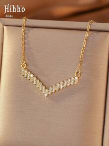 Hihho 1pc French Minimalist Full Zirconia V-Shaped Pendant Necklace, Delicate Chain Design, Elegant Daily Gift Jewelry - V-shaped Full Zirconia - View 3