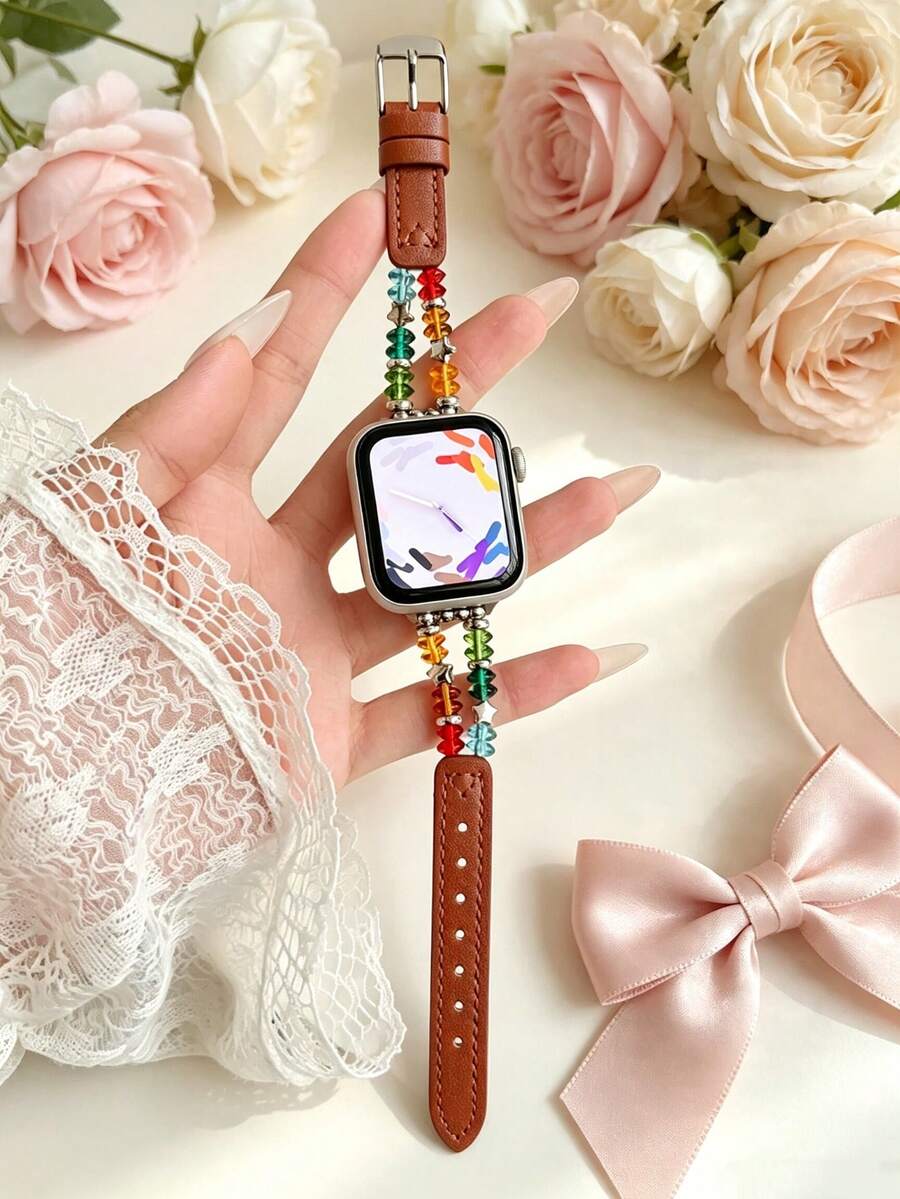 1pc Girls Kids Star Crystal Beaded Leather Watch Band Compatible With Apple Watch 41mm 40mm 38mm AppleWatch Leather Strap Elastic Casual Band Series11 10 9 8 7 6 5 4 3 2 1 SE Suitable For Stepless Adjustment Soft Smart Watch Band