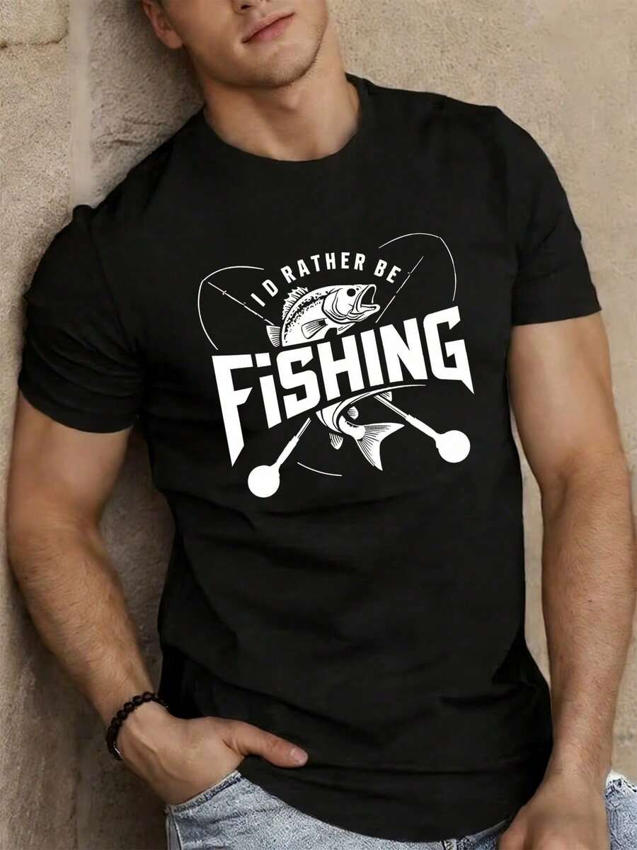 T-shirt athlétique décontracté pour homme, imprimé "Pêche" tendance, manches courtes, adapté aux sports de loisirs en intérieur et en extérieur, haut tendance pour l'été, idéal pour les fêtes, le