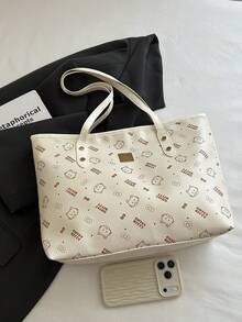 1 pieza Bolso tote minimalista y de moda de gran capacidad con decoración de lazo, cierre de cremallera, unicolor ligero, asas duales para llevar en la mano y al hombro, adecuado para la vida diaria de las mujeres, uso casual, desplazamientos, trabajo y uso escolar de estudiantes - Blanco - Ver 3