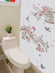 1pc Pink Camellia Flower Branch Bird Cage Wall Decor Sticker, Removable Room Decoration Wall Decal For Bedroom, Living Room, Entryway - 1PC - View 2
